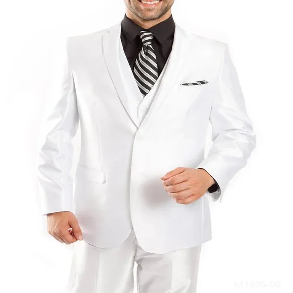 Mens Tazio Vested Slim Fit Shiny Sharkskin Suit in Solid White